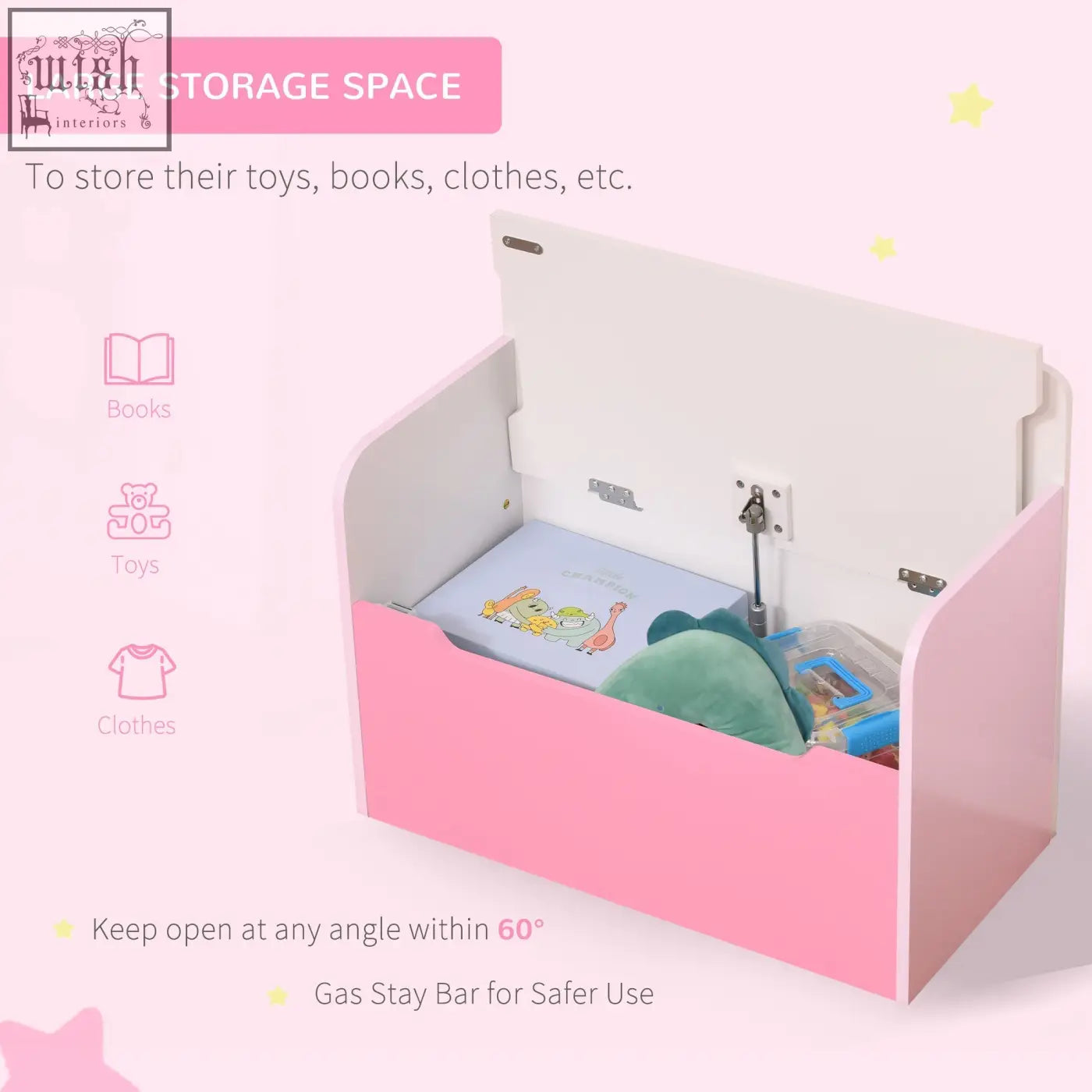 Pink and white wooden toy box with gas rod and hinged lid for kids storage and playroom organization