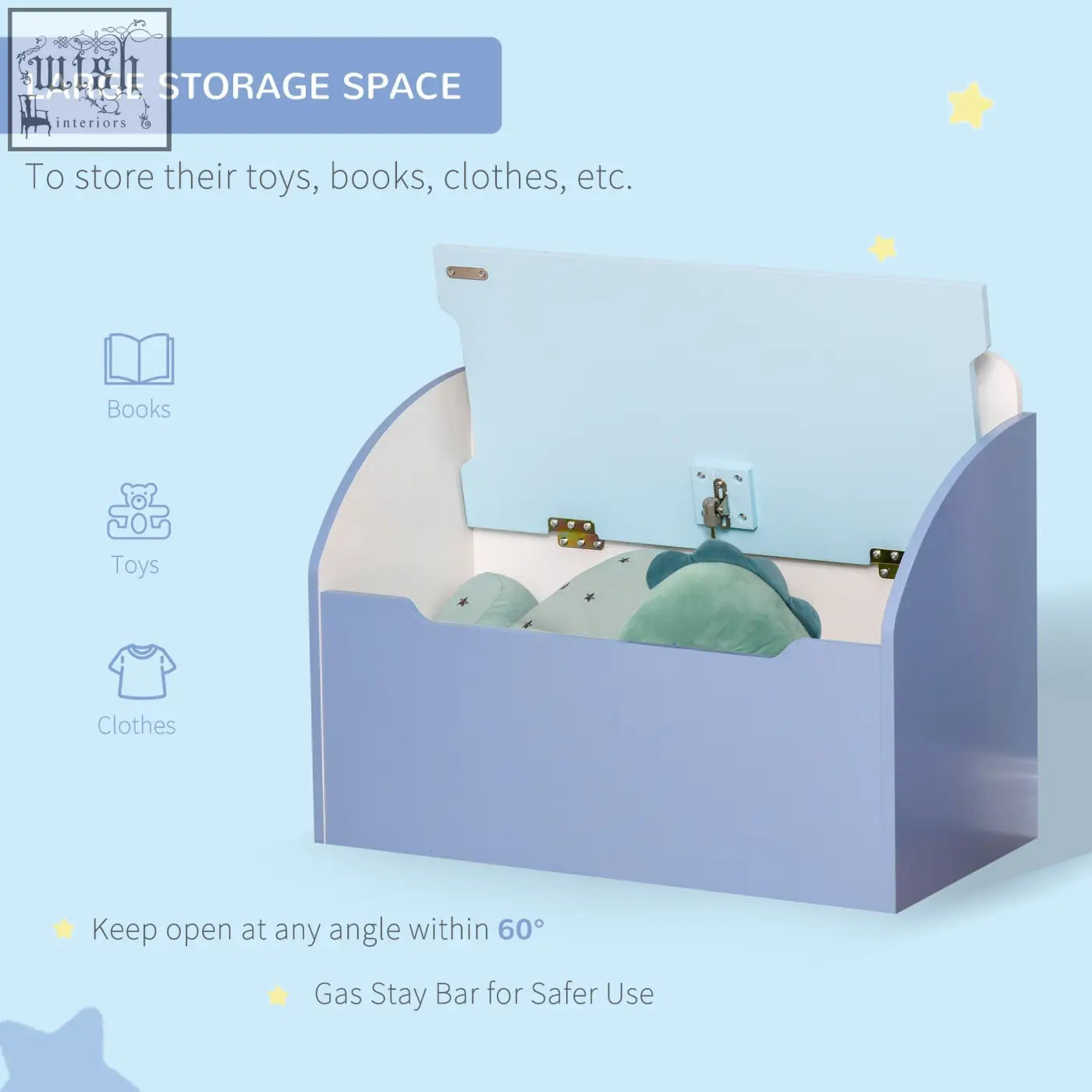 Light blue wooden kids storage box bench with hinged lid and gold hardware for bedroom or playroom organization