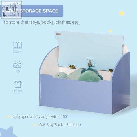Light blue wooden kids storage box bench with hinged lid and gold hardware for bedroom or playroom organization