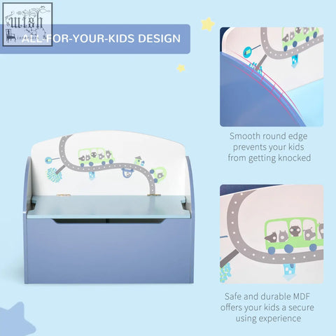 Blue wooden kids storage box bench with white back panel and colorful cartoon bus design for playroom organization