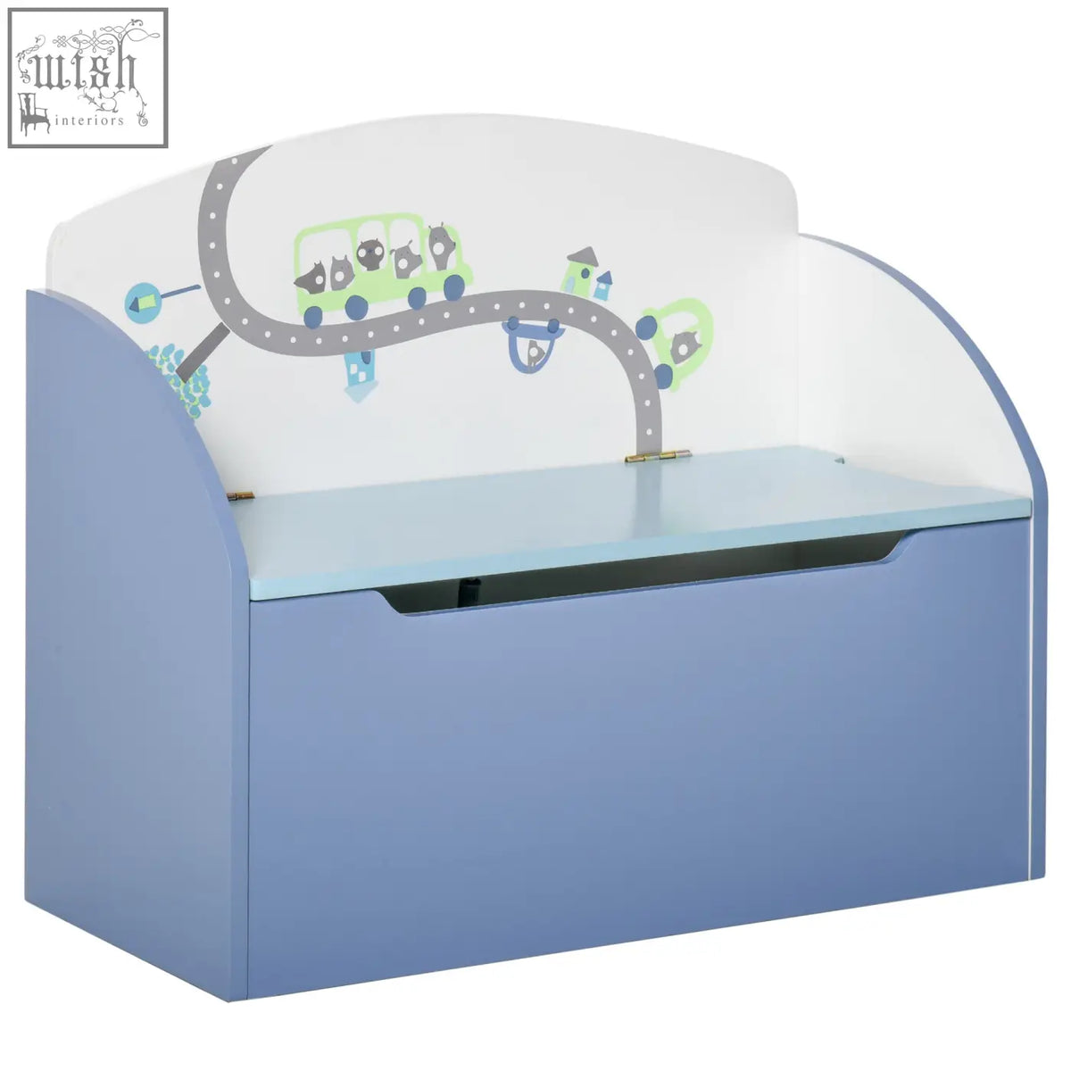 Blue wooden kids storage box bench with white curved back panel featuring playful road and bus design by homcom
