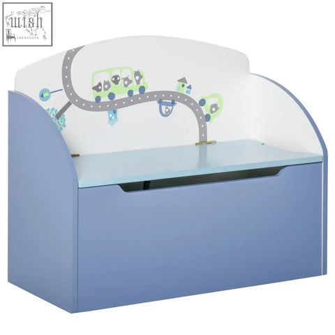 Blue wooden kids storage box bench with white curved back panel featuring playful road and bus design by homcom