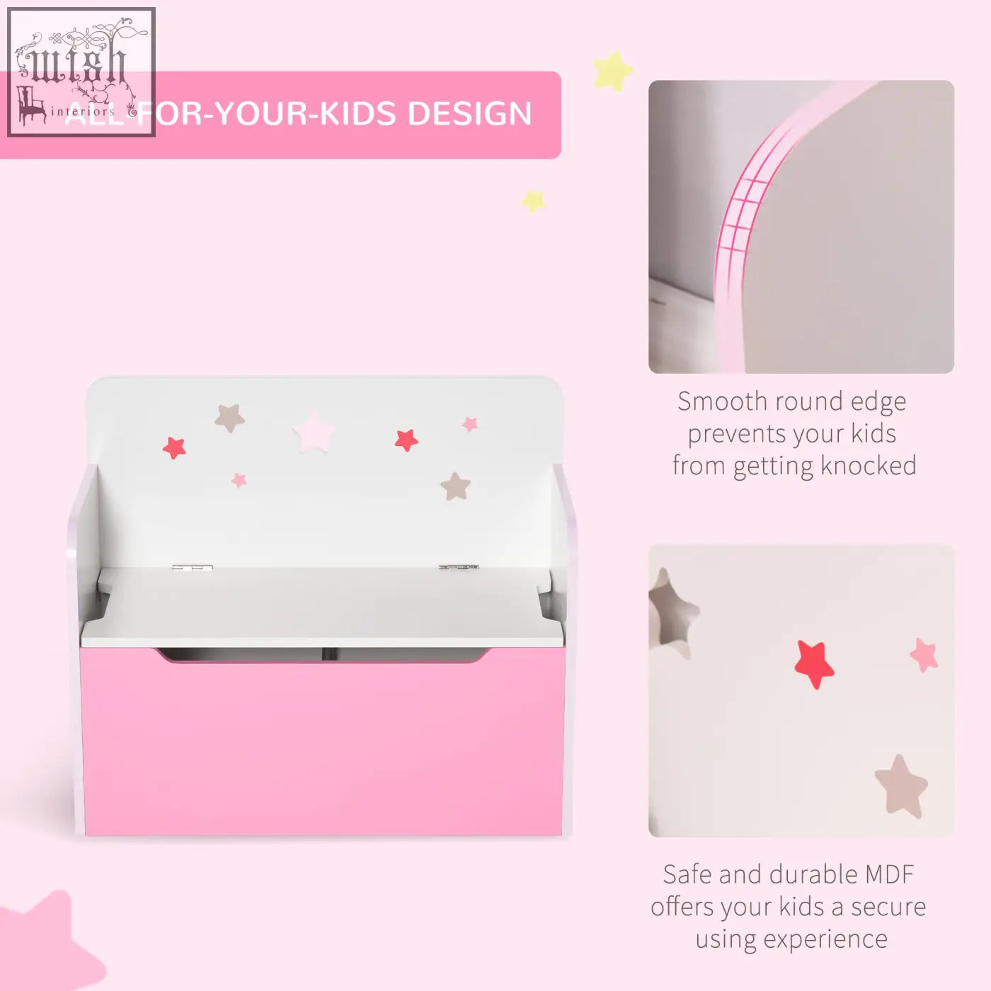 Pink and white star-themed wooden toy box kids storage box made of durable mdf with gas rod safety hinge