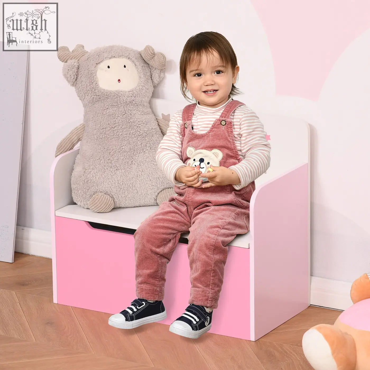 Pink homcom kids wooden toy box storage chest with white accents and plush sheep toy featuring safety gas rod
