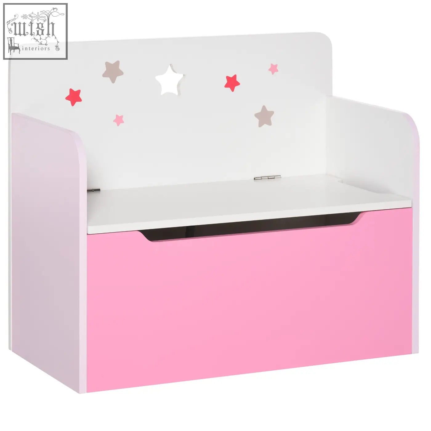 Pink and white wooden toy box storage bench with star decals and gas rod for kids bedroom or playroom organization