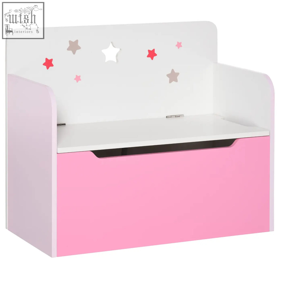 Pink and white wooden toy box storage bench with star decals and gas rod for kids bedroom or playroom organization