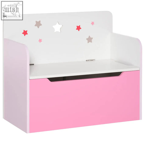 Pink and white wooden toy box storage bench with star decals and gas rod for kids bedroom or playroom organization