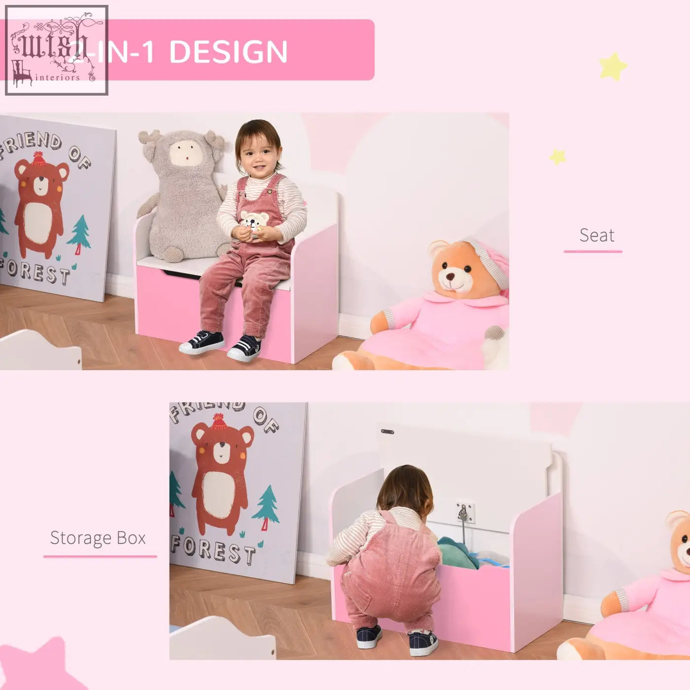 Pink wooden toy box storage box with gas rod safety hinge doubles as kids seat for playroom or bedroom organization