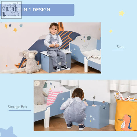 Blue wooden toddler bed with star decals and built-in storage box featuring gas hinge wooden toy box design