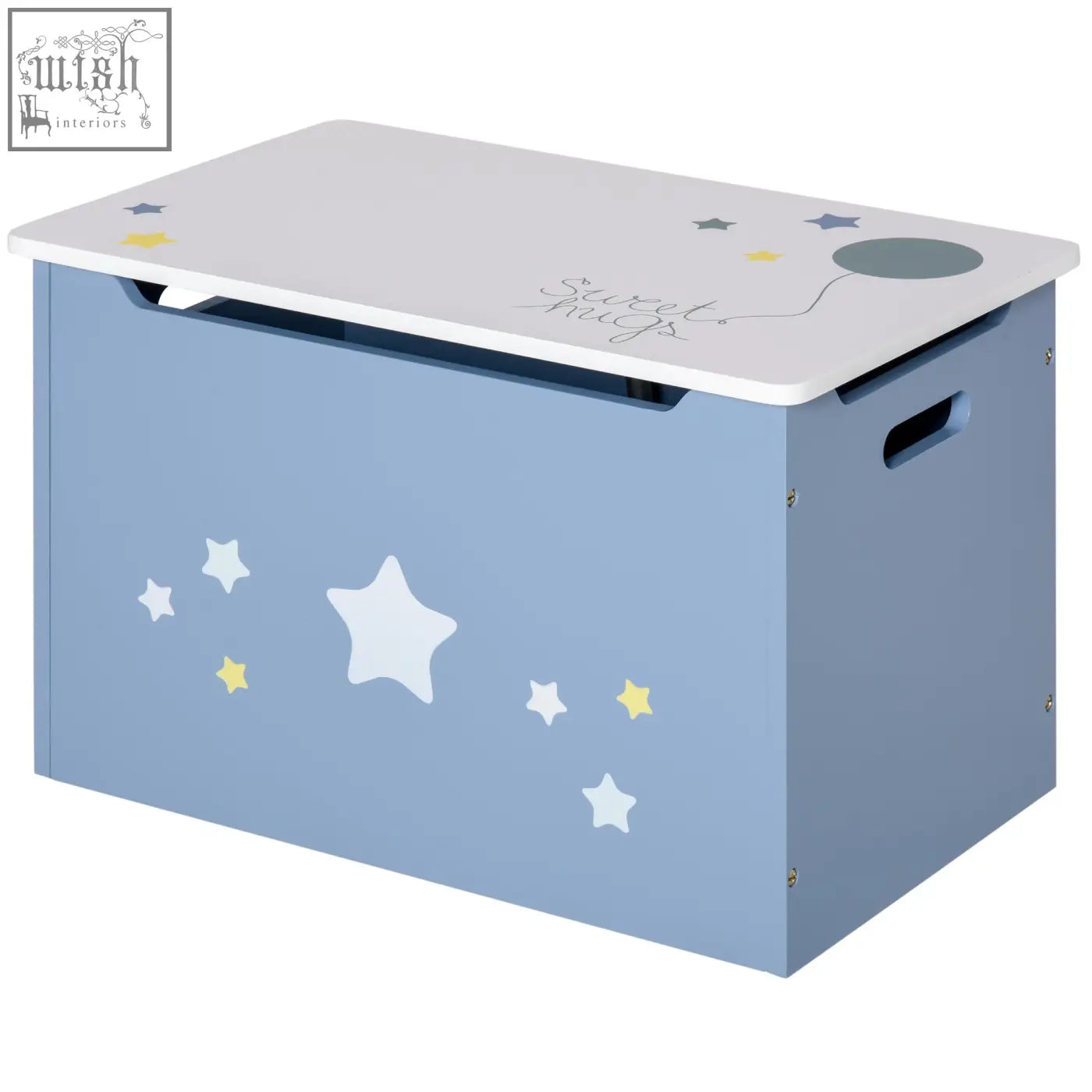 Blue wooden toy box with white lid featuring sweet dreams text star decals and gas hinge for kids storage and playroom