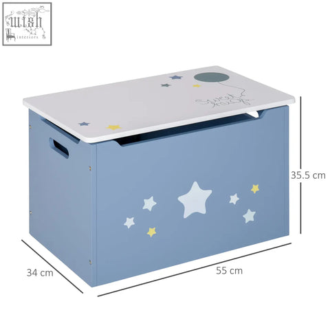 Blue wooden toy box with white lid decorated with stars and balloons featuring gas hinge for kids storage