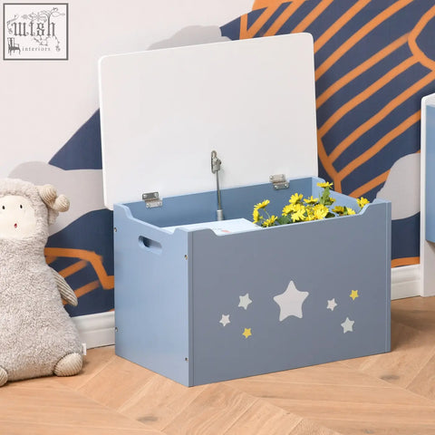 Blue wooden toy box with gas hinge lid open showing yellow flowers perfect for kids storage and playroom organization