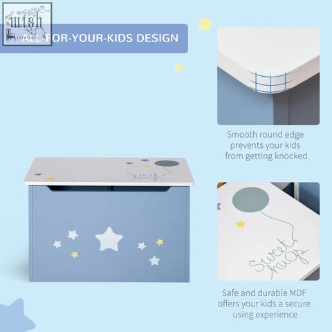 Blue wooden toy box by HOMCOM with gas hinge smooth rounded edges and star decals for safe kids storage and playroom use