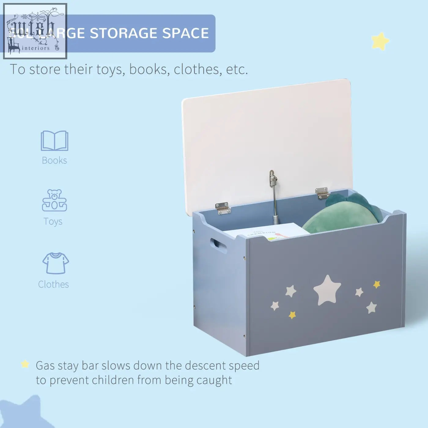 Gray wooden toy box with white and yellow star decals blue gas hinge and metal latch for kids storage and playroom use