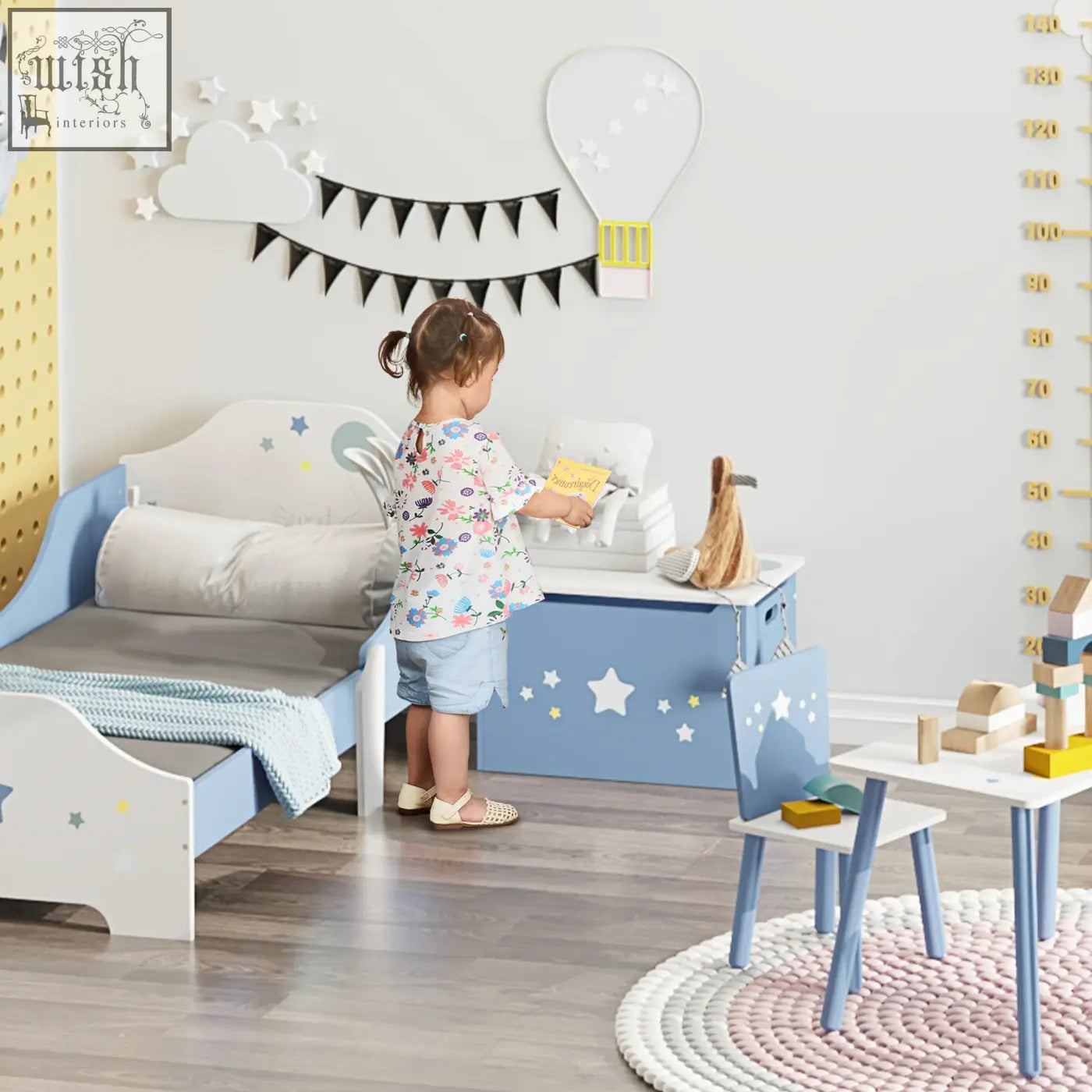 Blue star wooden toy box bed with white headboard gray mattress and gas hinge for safe kids storage and playroom use