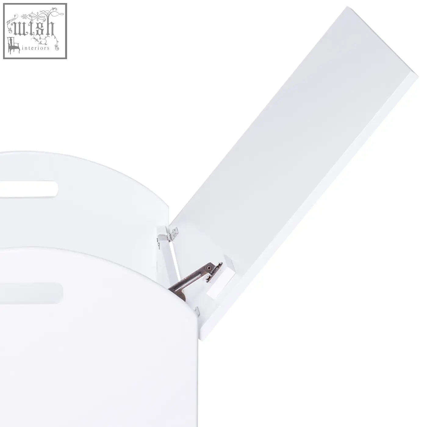 White plastic cabinet toy box with safety hinge, two handles, and elevated base for kids toy storage and playroom furniture