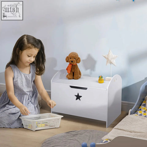 White wooden kids toy box with black star decal safety hinge two handles and elevated base for easy playroom storage