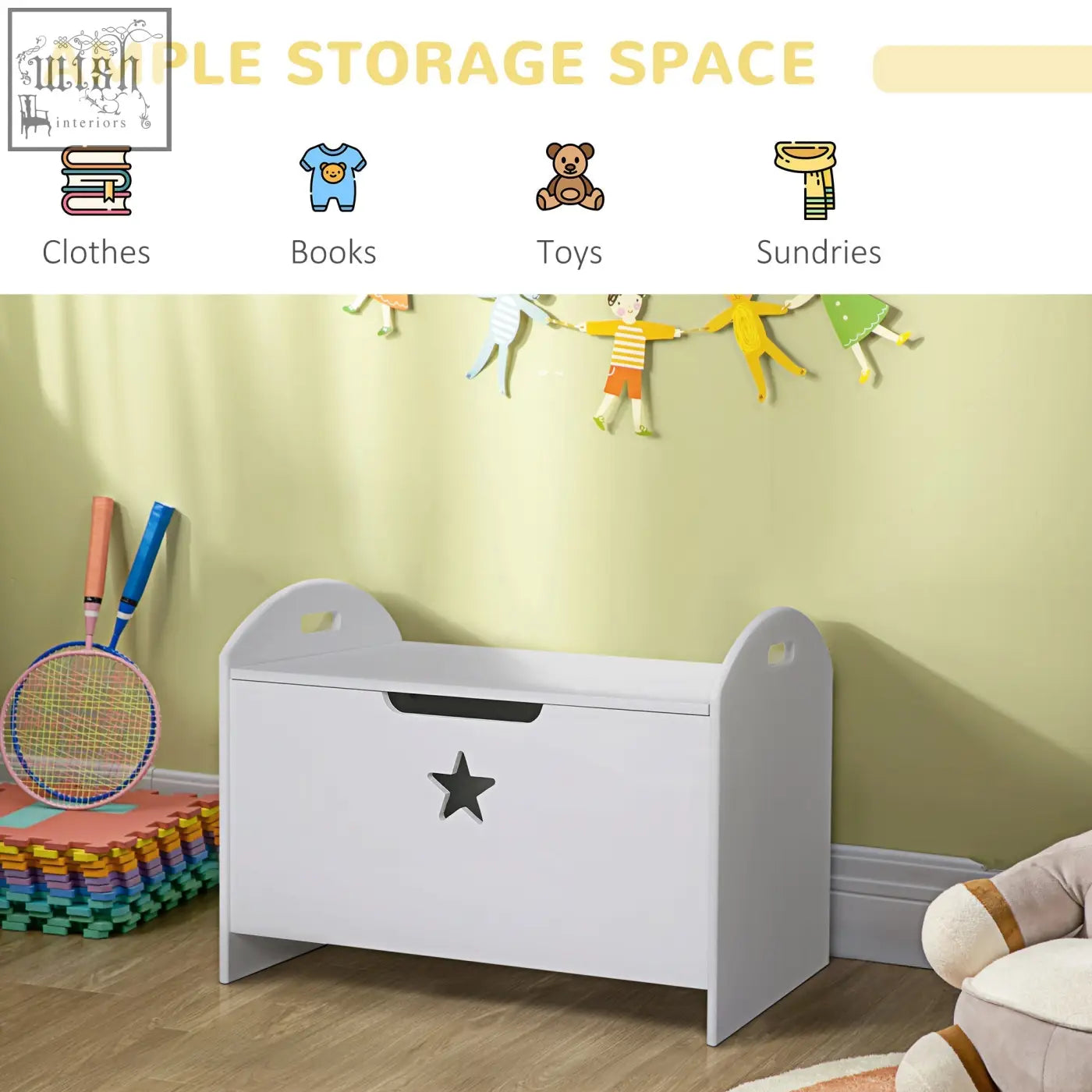 White wooden kids toy storage bench with black star emblem features safety hinge two handles and elevated base