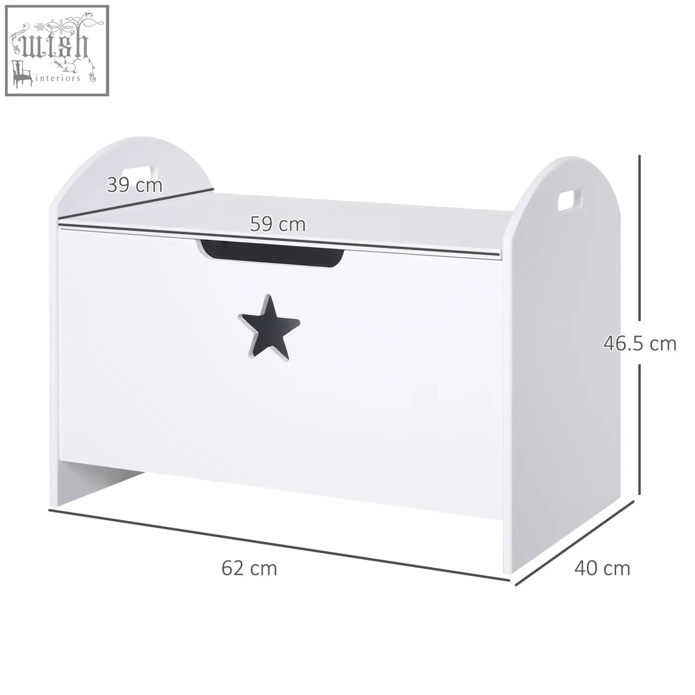White wooden toy box with black star decal and safety hinge featuring two handles and elevated base for kids storage