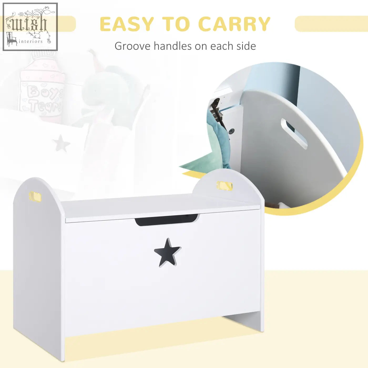 White wooden kids toy box with black star decal two handles elevated base and safety hinge for safe storage