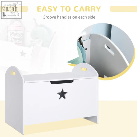 White wooden kids toy box with black star decal two handles elevated base and safety hinge for safe storage