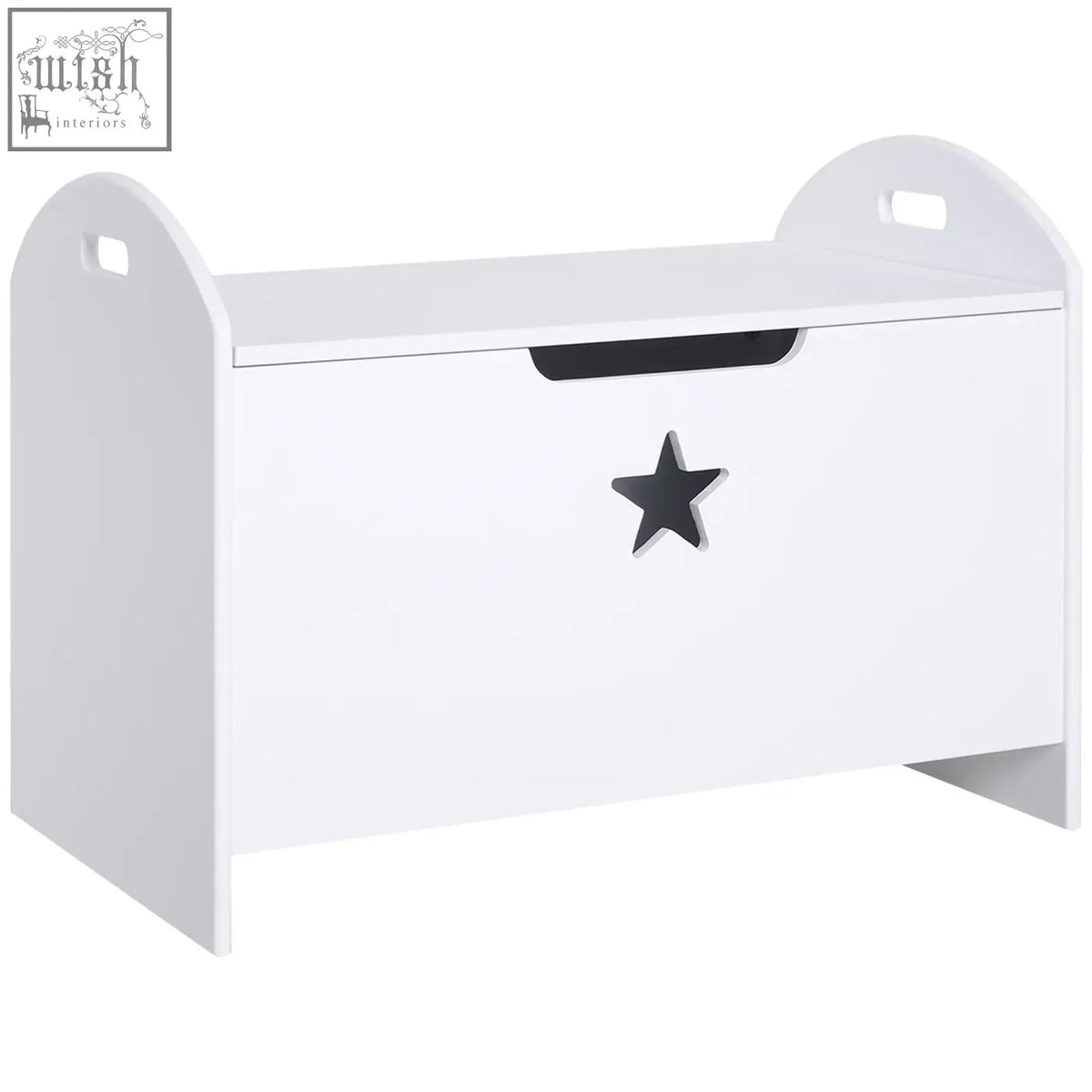 White wooden kids toy box with black star decal safety hinge two handles and elevated base for playroom storage