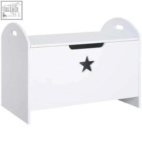 White wooden kids toy box with black star decal safety hinge two handles and elevated base for playroom storage