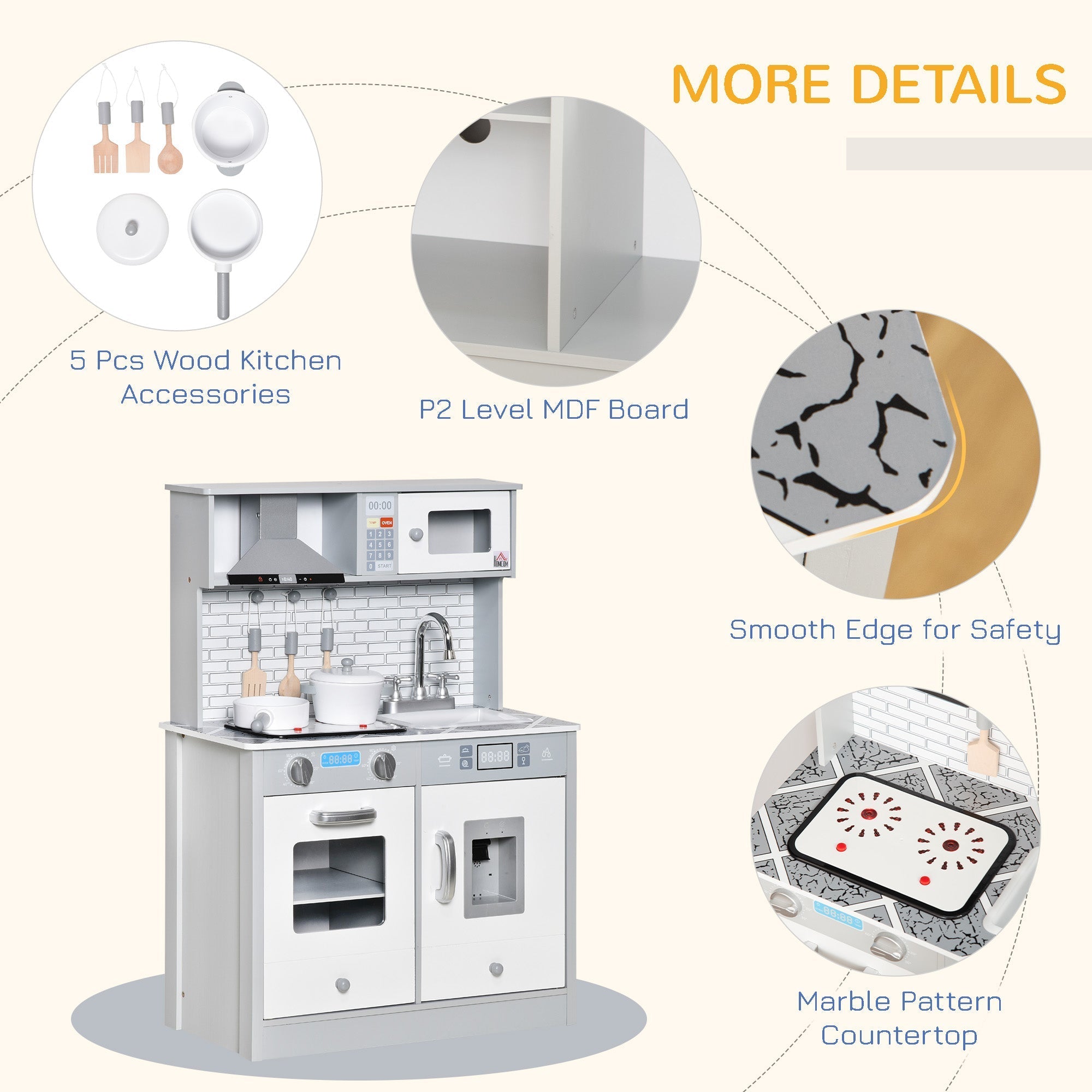 White wooden pcs wooden kitchen set with marble countertop silver accents and ice machine for kids pretend play