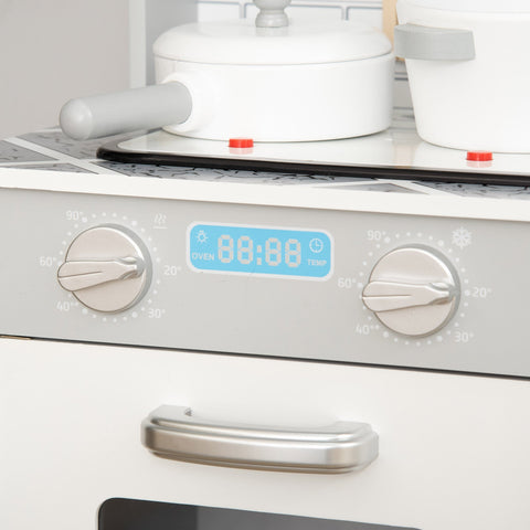 White toy oven with silver knobs and digital display in homcom kids wooden kitchen playset with ice machine and wooden kitchen accessories