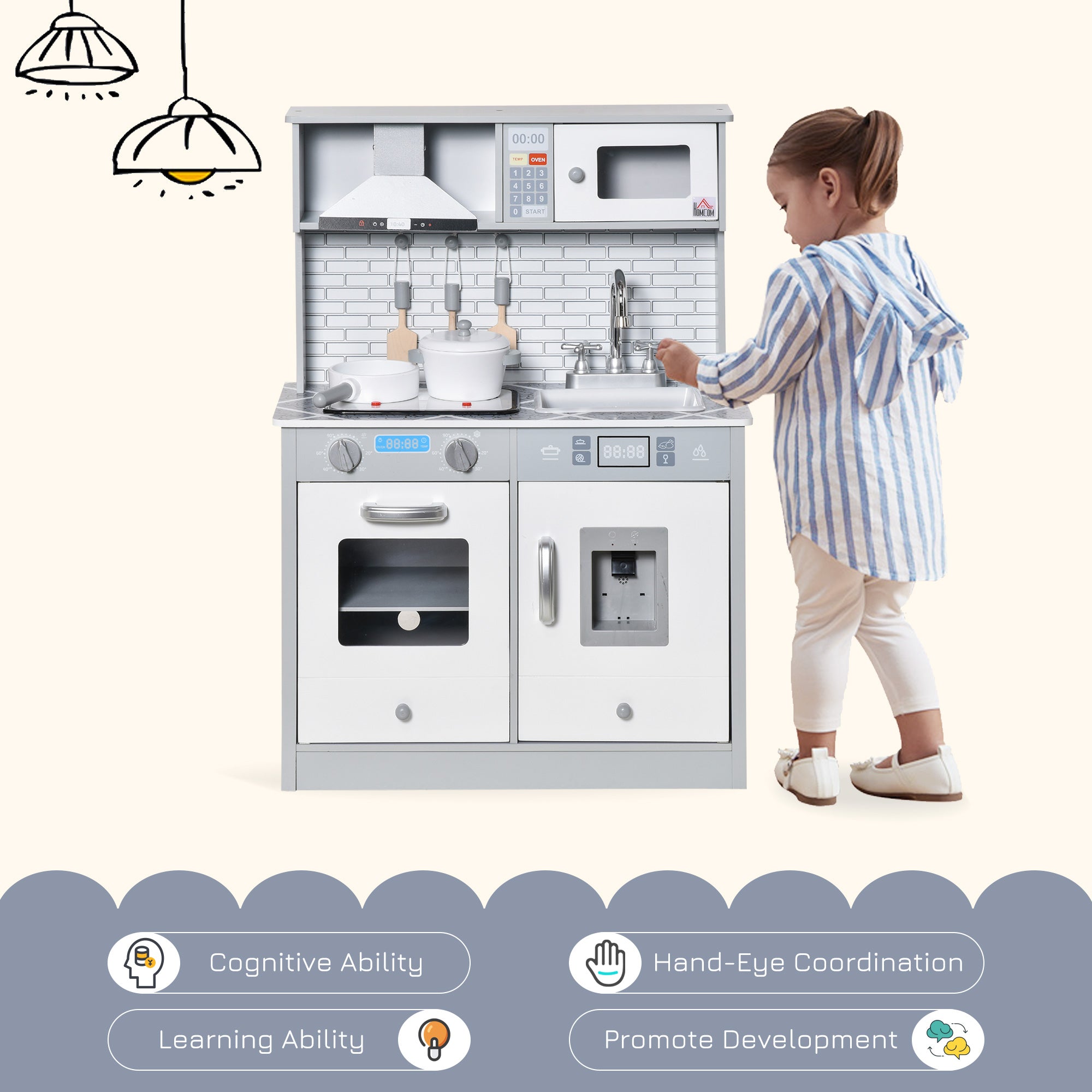 Gray and white HOMCOM kids pcs wooden kitchen set with ice machine sound light effect and wooden kitchen accessories