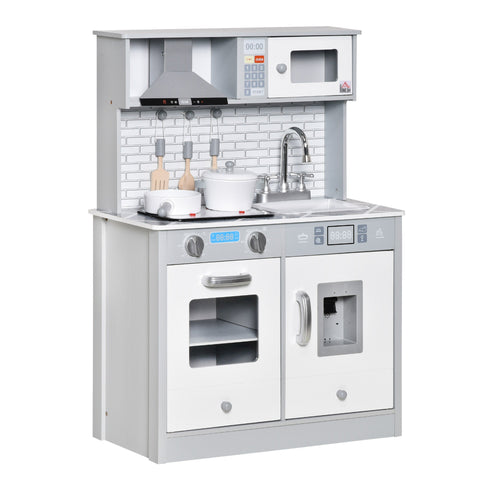 Homcom kids wooden toy kitchen playset in gray and white with ice machine, digital cooktop, and wooden kitchen accessories