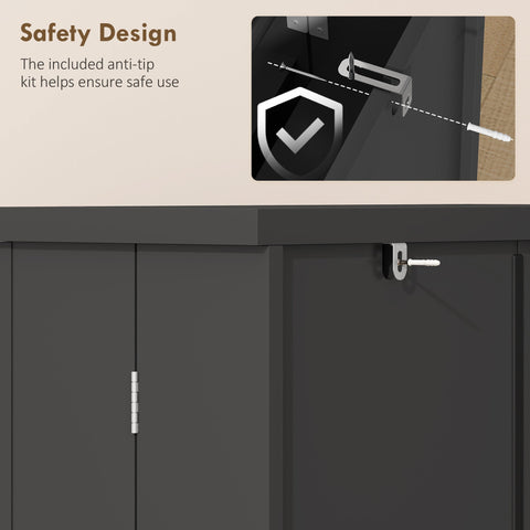 Black homcom kitchen cupboard with adjustable shelves and door racks featuring a secure anti-tip safety kit
