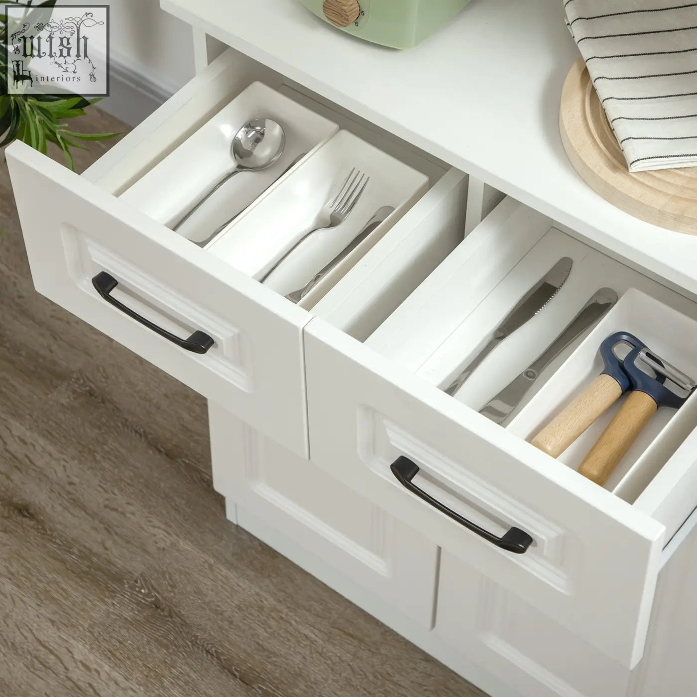 White homcom kitchen cupboard with two drawers and black handle drawer organizer for utensils and tools storage cabinet