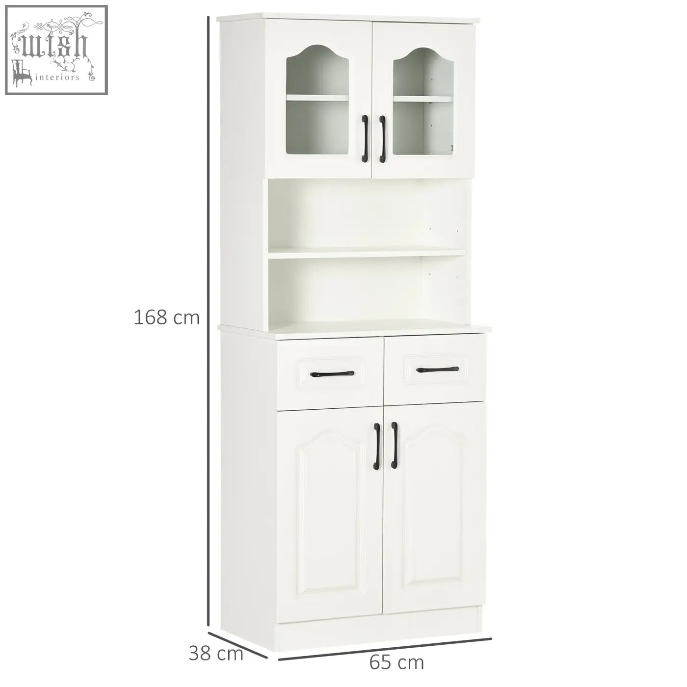 White homcom kitchen cupboard with glass-paneled doors, black handles, two drawers, and adjustable shelves for storage cabinet