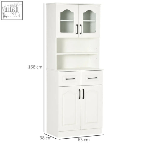 White homcom kitchen cupboard with glass-paneled doors, black handles, two drawers, and adjustable shelves for storage cabinet
