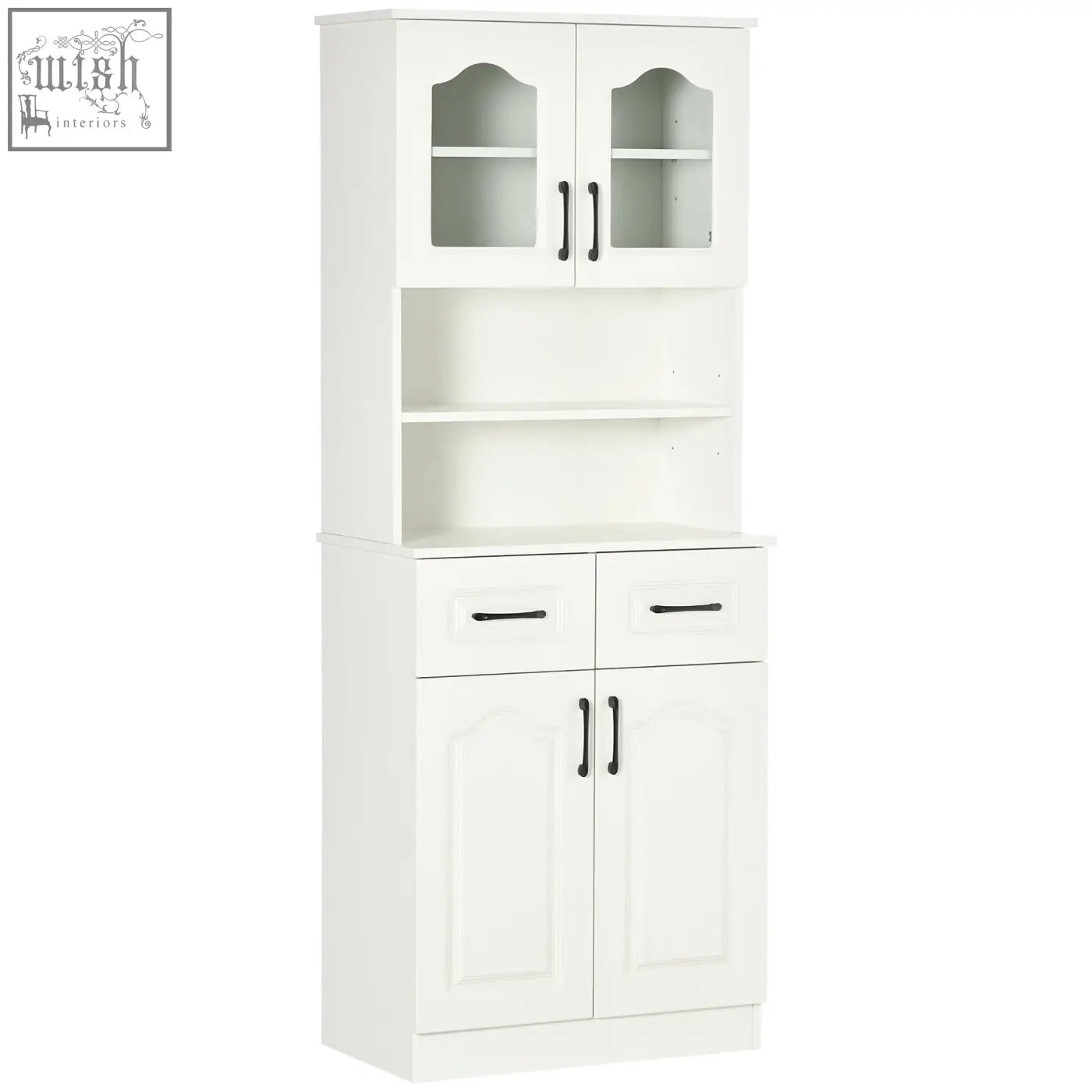 White homcom kitchen cupboard with glass-paneled doors, black handles, two drawers, and adjustable shelves for storage