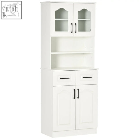 White homcom kitchen cupboard with glass-paneled doors, black handles, two drawers, and adjustable shelves for storage