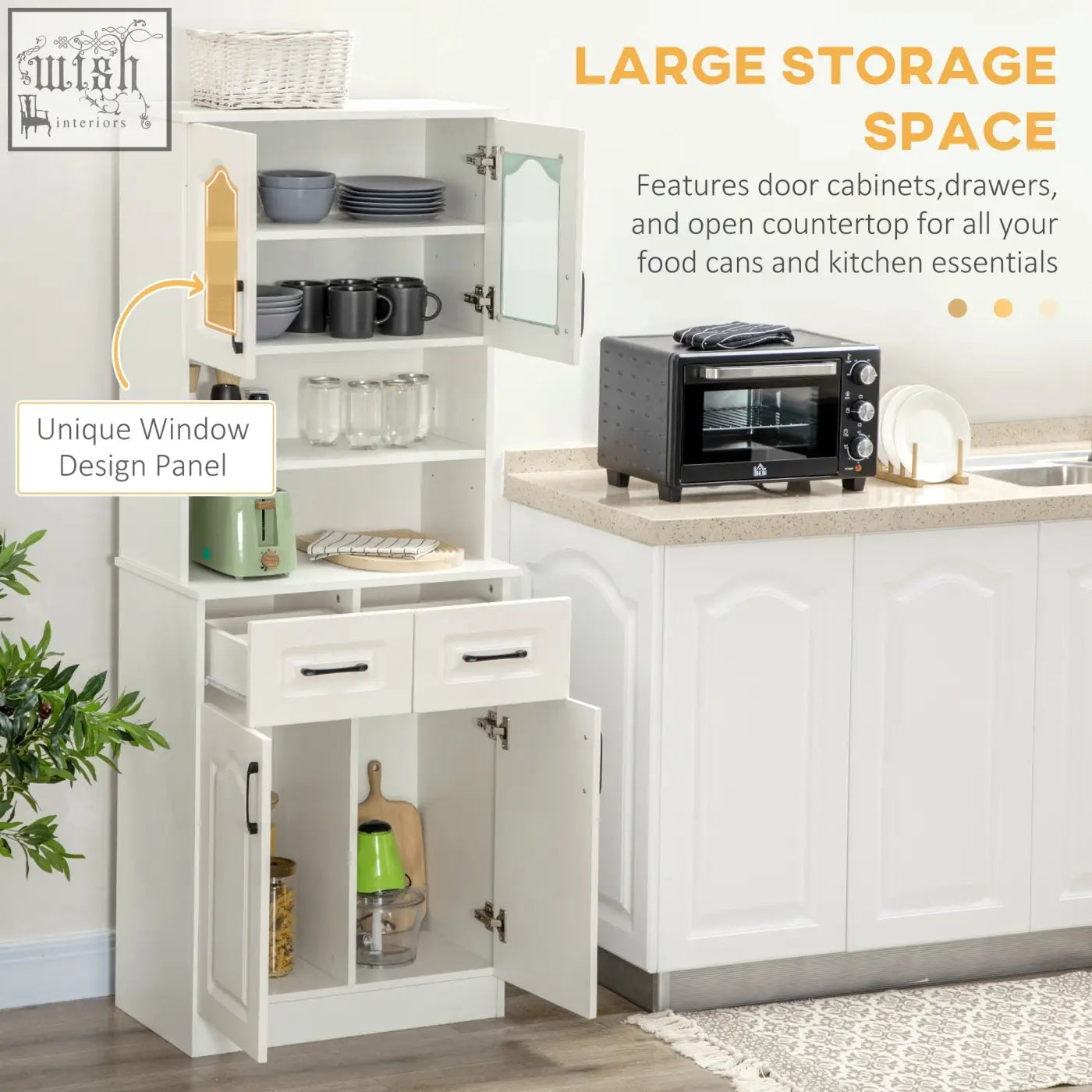 White homcom kitchen cupboard storage cabinet with unique window panel, two drawers, adjustable shelves for organized kitchen use