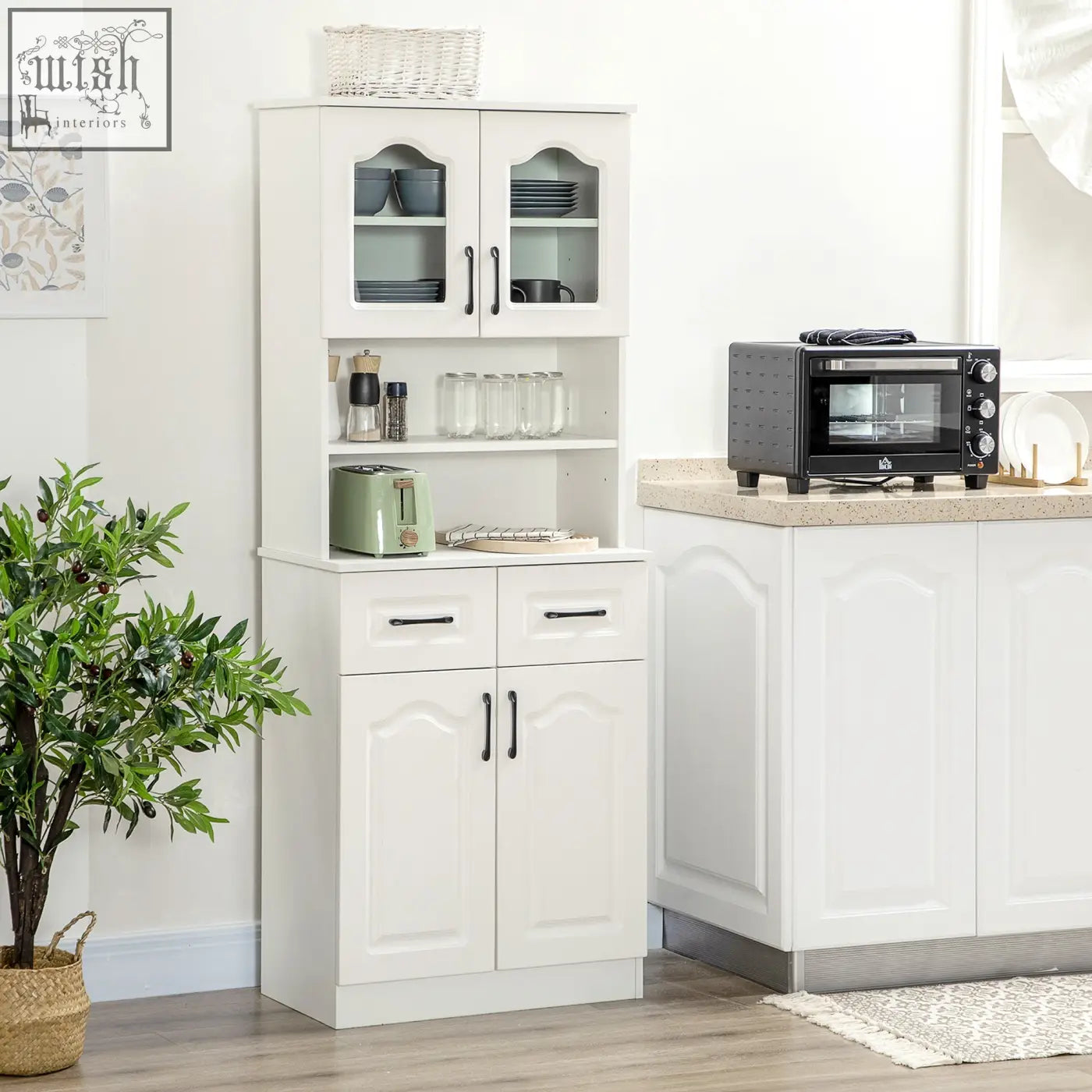 White homcom kitchen cupboard storage cabinet with glass doors two drawers and black handles for living room use