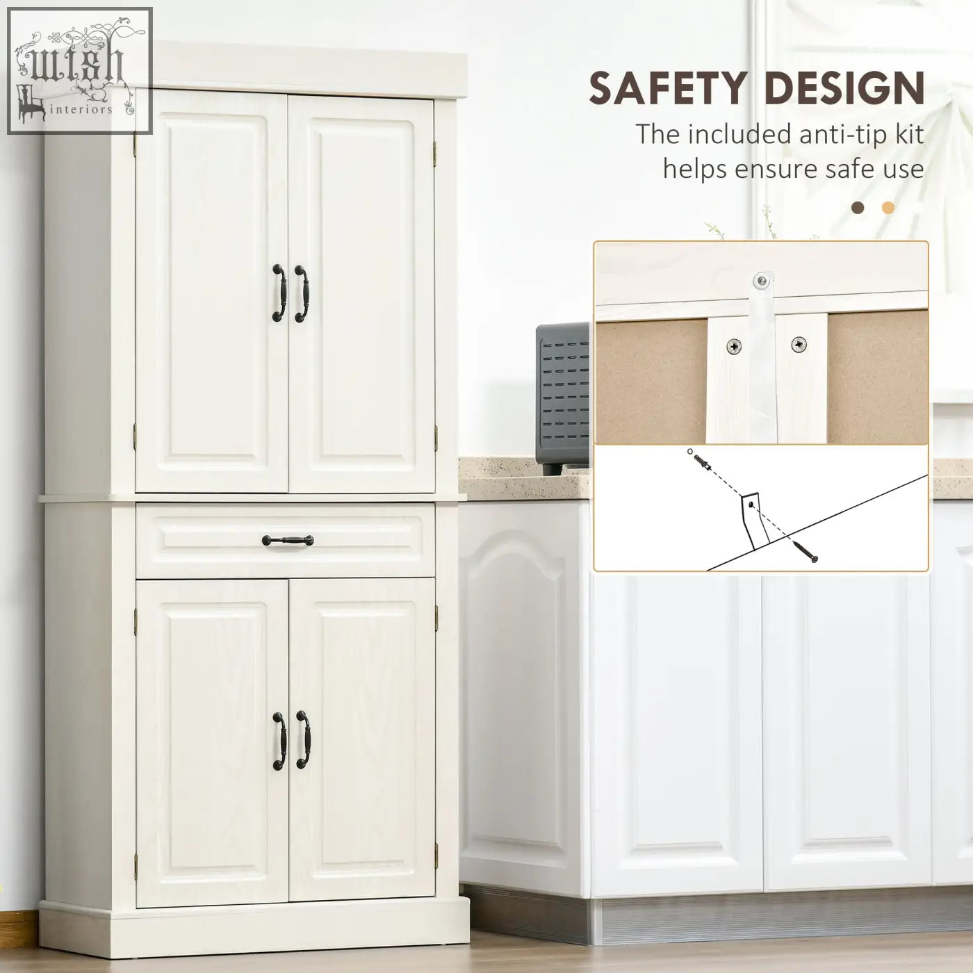 White wood grain two-tier kitchen cabinet with black handles and anti-tipping straps included for safety