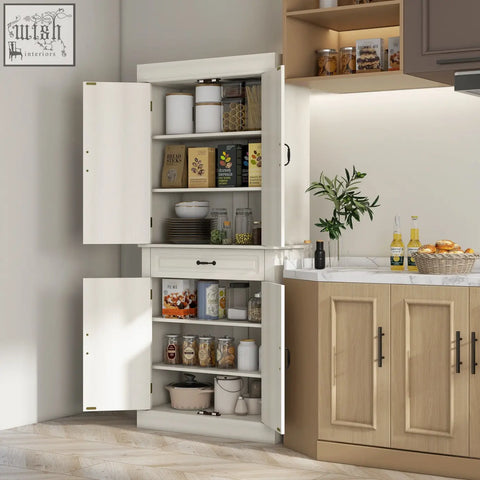 White wood grain corner pantry cabinet with multiple shelves and doors includes anti-tipping straps for safety
