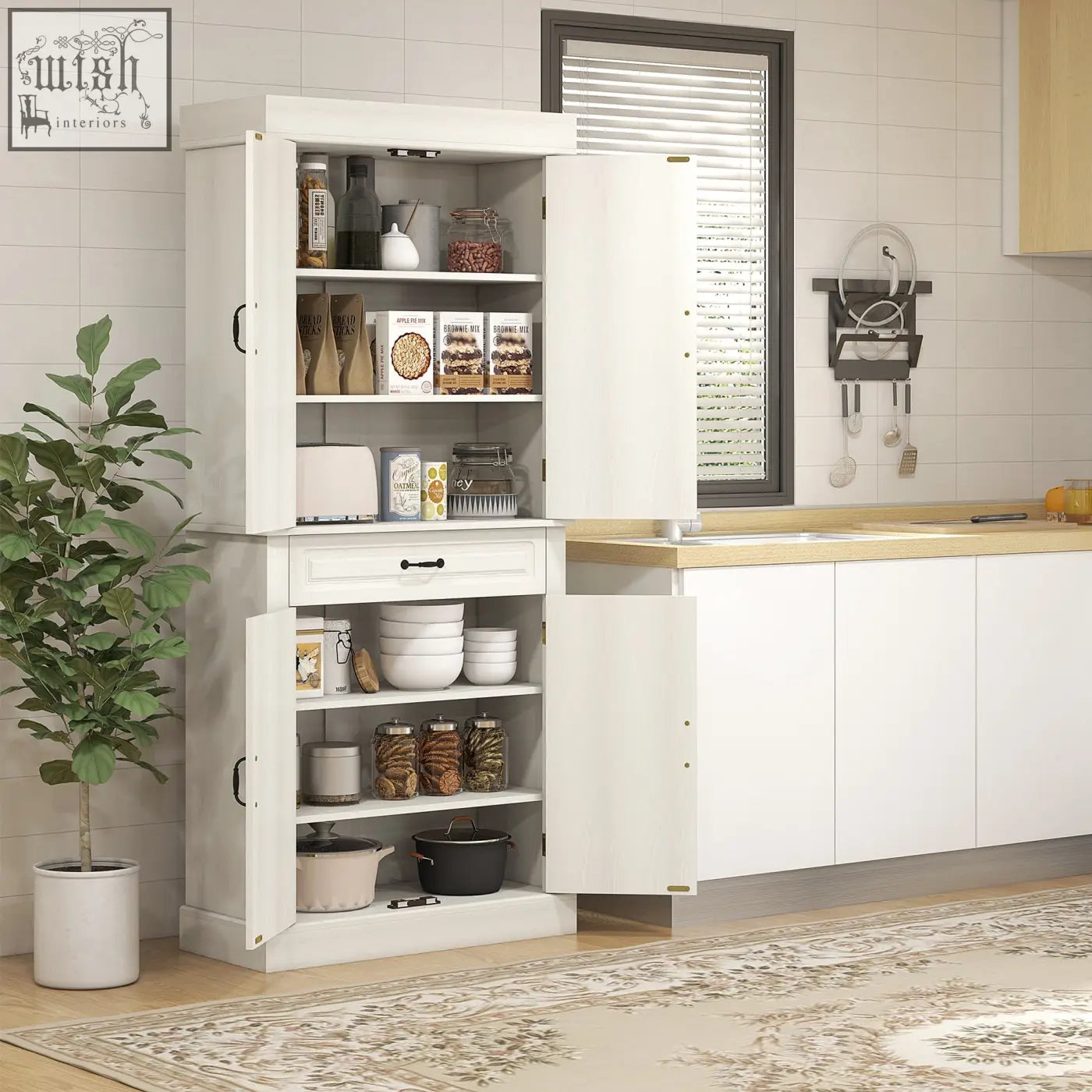 White wood grain homcom kitchen cupboard with 4 doors and shelves open showing jars bowls and utensils with anti-tipping straps