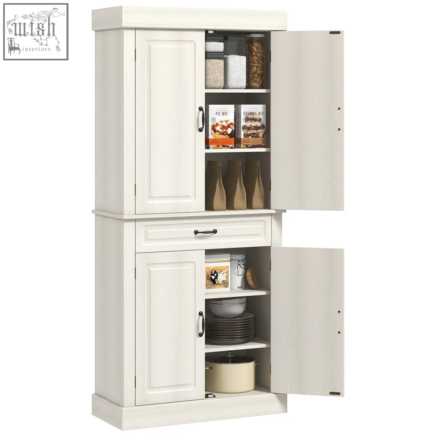 White wood grain homcom kitchen cupboard with two doors, drawer, black handles, and anti-tipping straps for safety