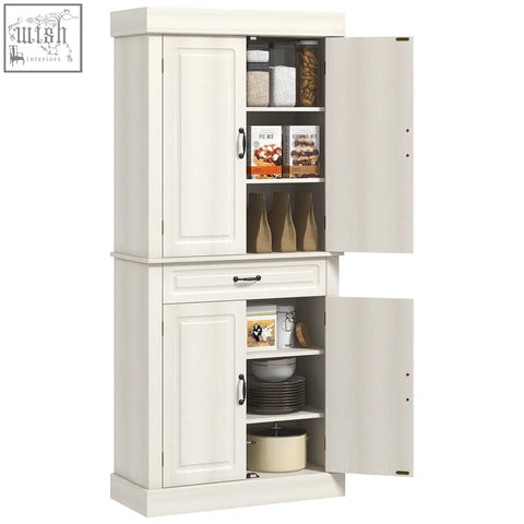 White wood grain homcom kitchen cupboard with two doors, drawer, black handles, and anti-tipping straps for safety
