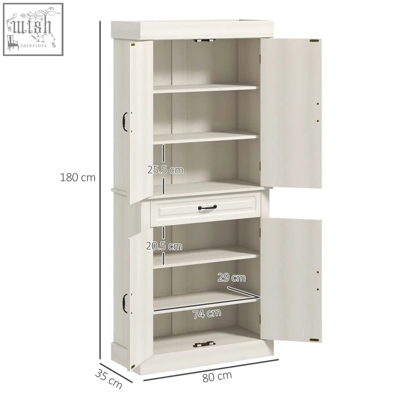 White wood grain kitchen cupboard with two doors, drawer, adjustable shelves, and anti-tipping straps for safe storage