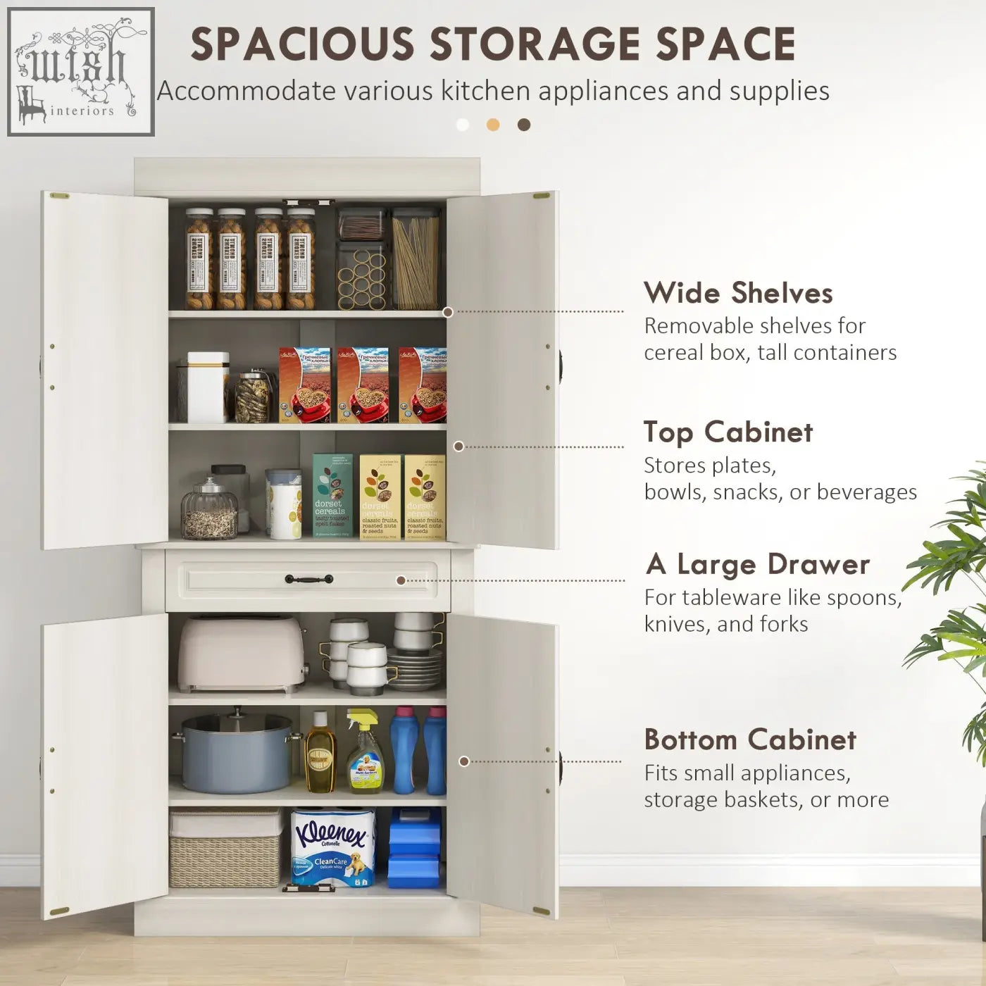 White wood grain homcom kitchen cupboard with 4 doors, shelves, drawer, and anti-tipping straps for organized storage