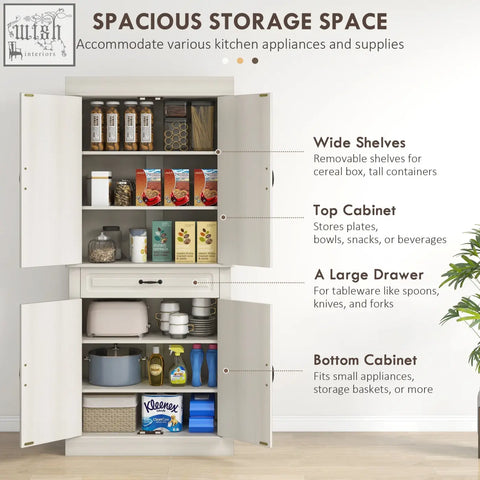 White wood grain homcom kitchen cupboard with 4 doors, shelves, drawer, and anti-tipping straps for organized storage