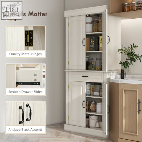 White wood grain homcom kitchen cupboard with antique black handles and anti-tipping straps for safe storage