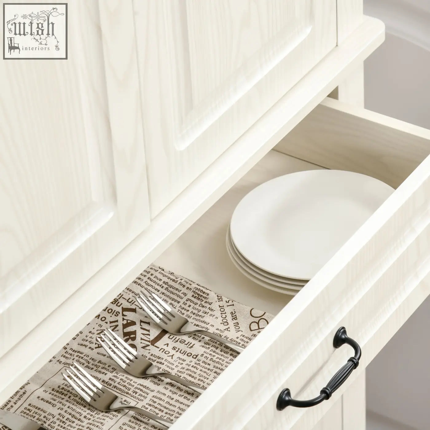 Stack of white ceramic plates in a white wood grain homcom kitchen cupboard drawer with anti-tipping straps
