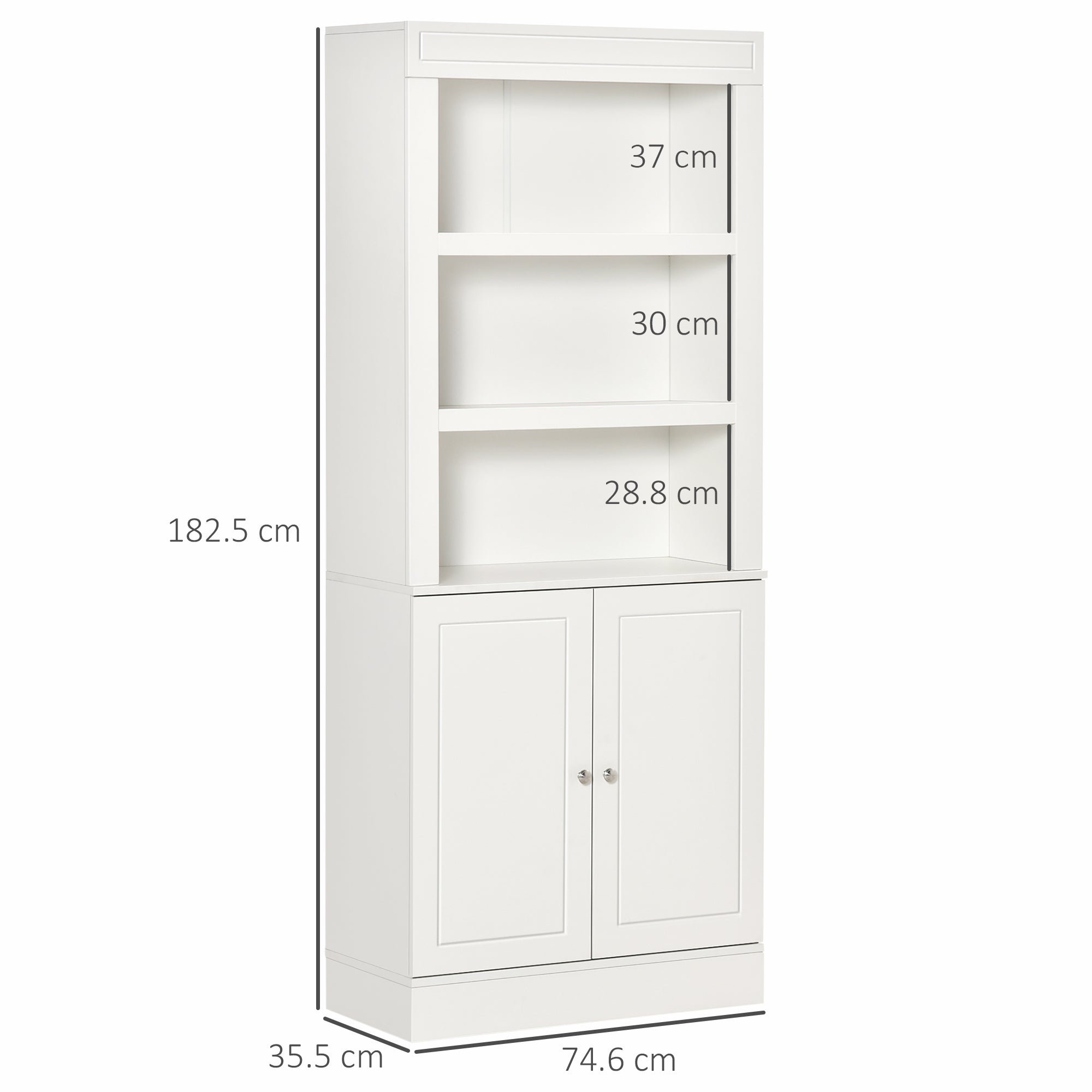 White wooden homcom kitchen cupboard with three open shelves and adjustable shelves in double-door cabinet
